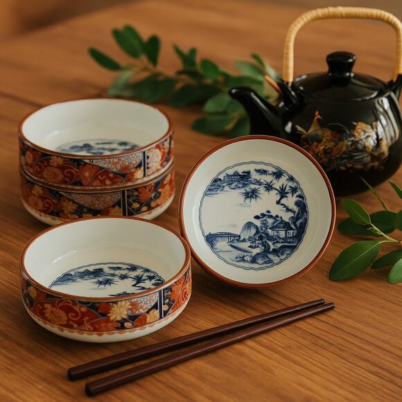 Vintage 1960s Japanese Imari Set of 5 Porcelain Soup / Rice Bowls – Gold Signed - Picture 1 of 10